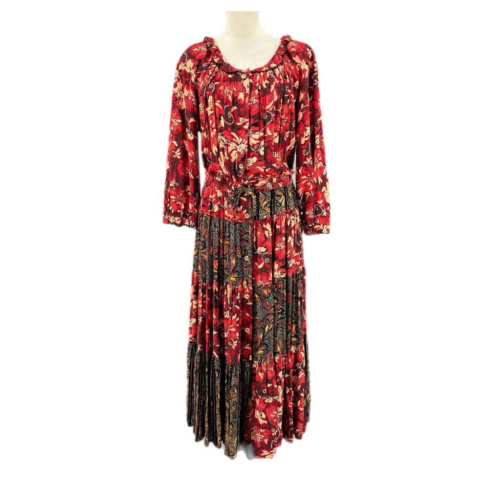 Carole Little Vintage Red Floral Long Puff Sleeve Button Down Prairie Maxi Dress